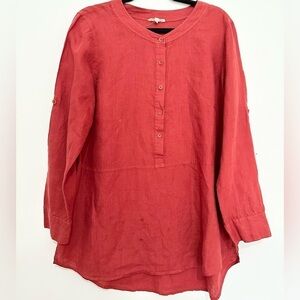 EILEEN FISHER Top small Linen Tunic Blouse Popover Round Neck Long Sleeve Red